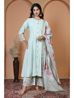 Cotton Culture - Mint Green Floral Embroidered Ethnic Kurta With Pant & Dupatta