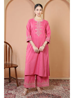 Cotton Culture - Pink Floral Embroidered Pure Cotton Kurta & Pant