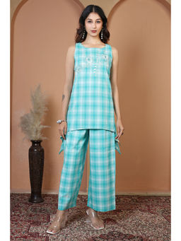 Cotton Culture - Blue Pure Cotton Embroidered Check Co-Ord Set