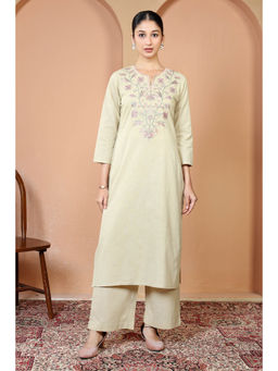 Cotton Culture - Beige Pure Cotton Embroidered Straight Kurta & Pant
