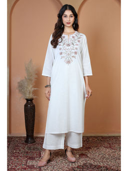 Cotton Culture - Off White Pure Cotton Embroidered Straight Kurta & Pant