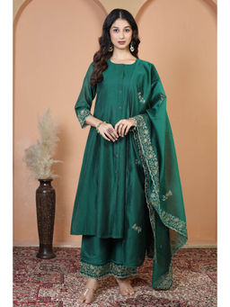 Cotton Culture - Bottle Green Embroidered Ethnic Kurta With Pant & Dupatta