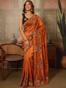Sitanjali - Orange Embroidered Silk Blend Floral Zari Saree