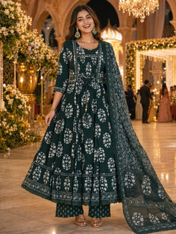 BERRYLICIOUS - Women Bottle Green Hand Embroidered Anarkali Kurta With Pant & Dupatta