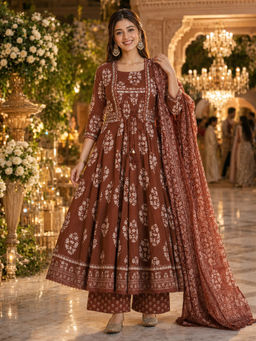 BERRYLICIOUS - Women Brown Printed And Hand Embroidered Anarkali Kurta With Pant And Dupatta