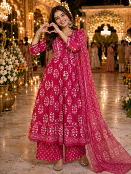 BERRYLICIOUS - Women Pink Printed And Hand Embroidered Anarkali Kurta With Pant And Dupatta