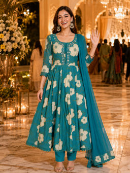 BERRYLICIOUS - Women Blue Printed And Hand Embroidered Anarkali Kurta With Pant And Dupatta
