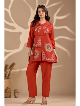 DISHWA FASHION - Women Rust Silk Blend Embroidered Co-Ord Set