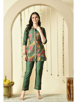 DISHWA FASHION - Women Green Silk Blend Floral Print Co-Ord Set