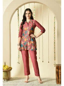 DISHWA FASHION - Women Mauve Silk Blend Floral Print Co-Ord Set