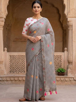Sitanjali - Black Cotton Linen Embellished Saree