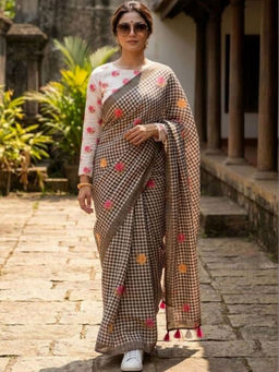 Sitanjali - Brown Cotton Linen Embellished Saree