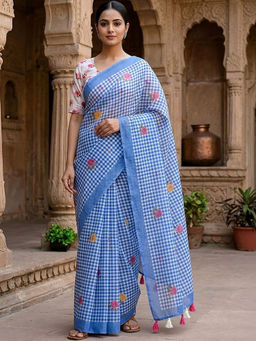 Sitanjali - Blue Cotton Linen Embellished Saree
