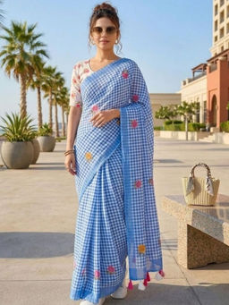 Sitanjali - Blue Cotton Linen Embellished Saree