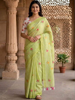 Sitanjali - Green Cotton Linen Embellished Saree