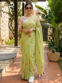 Sitanjali - Green Cotton Linen Embellished Saree