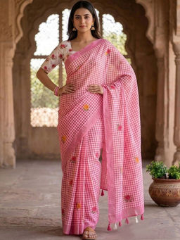Sitanjali - Pink Cotton Linen Embellished Saree