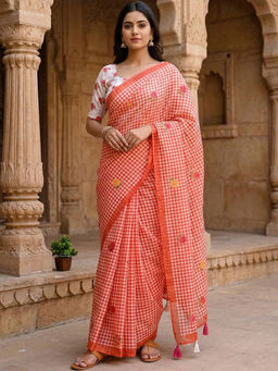 Sitanjali - Orange Cotton Linen Embellished Saree