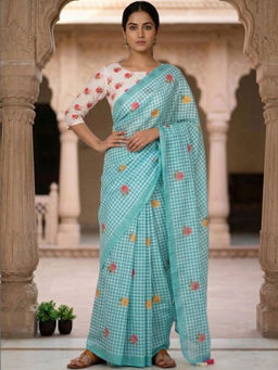 Sitanjali - Turquoise Cotton Linen Embellished Saree