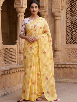 Sitanjali - Yellow Cotton Linen Embellished Saree