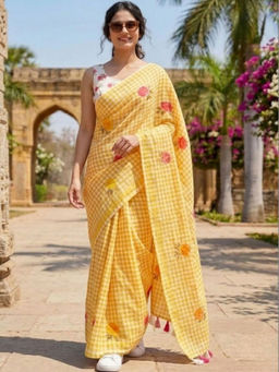 Sitanjali - Yellow Cotton Linen Embellished Saree