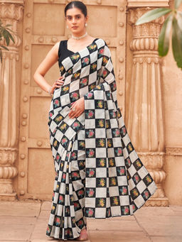 Sitanjali - Black Cotton Linen Floral Checks Saree
