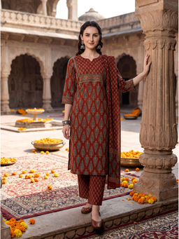 BERRYLICIOUS - Women Maroon Pure Cotton Printed Kurta With Pant & Dupatta