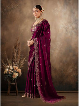 Sitanjali - Wine Satin Silk Embroiderd Fancy Saree
