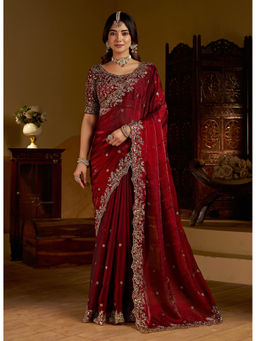 Sitanjali - Maroon Satin Silk Embroiderd Fancy Saree