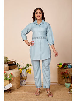 DISHWA FASHION - Women Blue Embroidered Pure Cotton Co-Ord Set