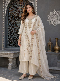 BERRYLICIOUS - Women Zari Embroidered Cream Kurta With Palazzo And Dupatta