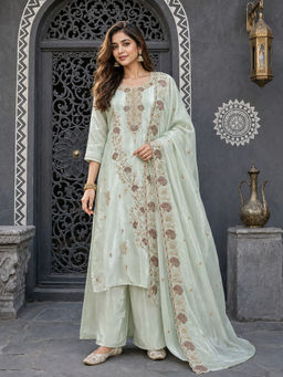 BERRYLICIOUS - Women Zari Embroidered Green Kurta With Palazzo And Dupatta