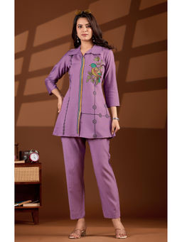 DISHWA FASHION - Women Purple Embroidered Bird Motif Silk Blend Co-Ord Set