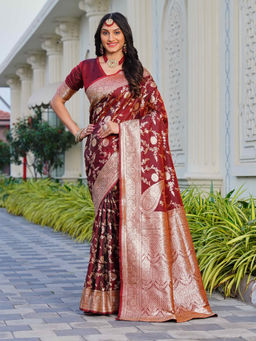 Sitanjali - Maroon Jacquard Embellished Silk Blend Glog Zari Saree