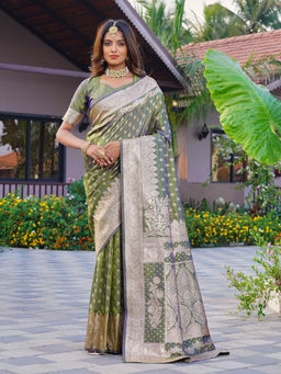 Sitanjali - Olive Jacquard Embellished Silk Blend Glog Zari Saree