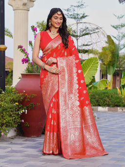 Sitanjali - Red Jacquard Embellished Silk Blend Glog Zari Saree