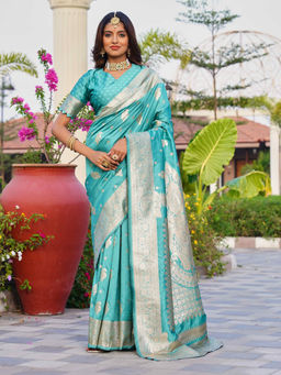 Sitanjali - Turquoise Jacquard Embellished Silk Blend Glog Zari Saree