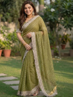 Sitanjali - Green Sequin Embellished Silk Blend Glog Zari Saree