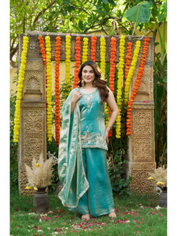 TWINS LADY - Women's Sky Blue Ethnic Embroidered Kurta With Palazzo & Dupatta