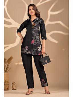 DISHWA FASHION - Women Black Shirt Collar Printed Co-Ord Set