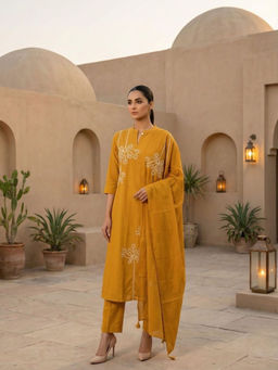 M MARCH LABEL - Women Mustard Yellow Cotton A-Line Kurta With Pant & Dupatta