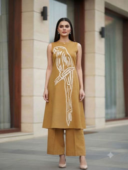 M MARCH LABEL - Women Mustard Yellow Cotton Sleeveless A-Line Coord With Macaw Parrot Applique