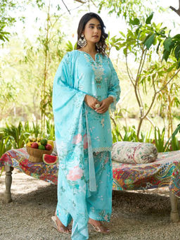 M MARCH LABEL - Women Sea Blue Floral Printed V-Neck Kurta With Salwar & Dupatta