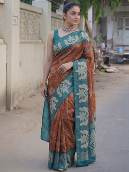 Sitanjali - Brown Brown Silk Blend Floral Print Saree