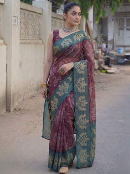 Sitanjali - Wine Wine Silk Blend Floral Print Saree