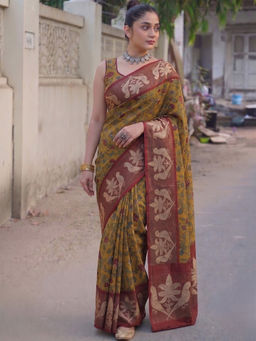 Sitanjali - Mustard Mustard Silk Blend Floral Print Saree