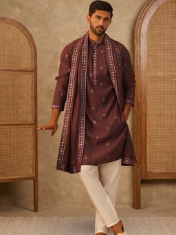 Jompers - Men Purple Silk Blend Full Sleeves kurta with Dupatta and Pyjama