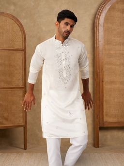 Jompers - Men White Silk Blend Full Sleeves Kurta with Pyjama