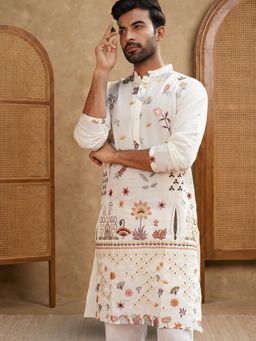 Jompers - Men White Silk Blend Full Sleeves Kurta with Pyjama