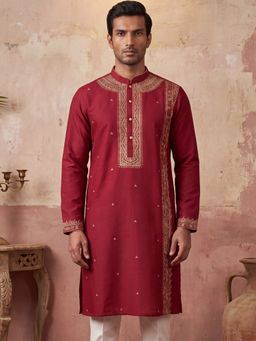 ETHNIC BAY - Men Red Silk Blend Full Sleeves Kurta with Bottom